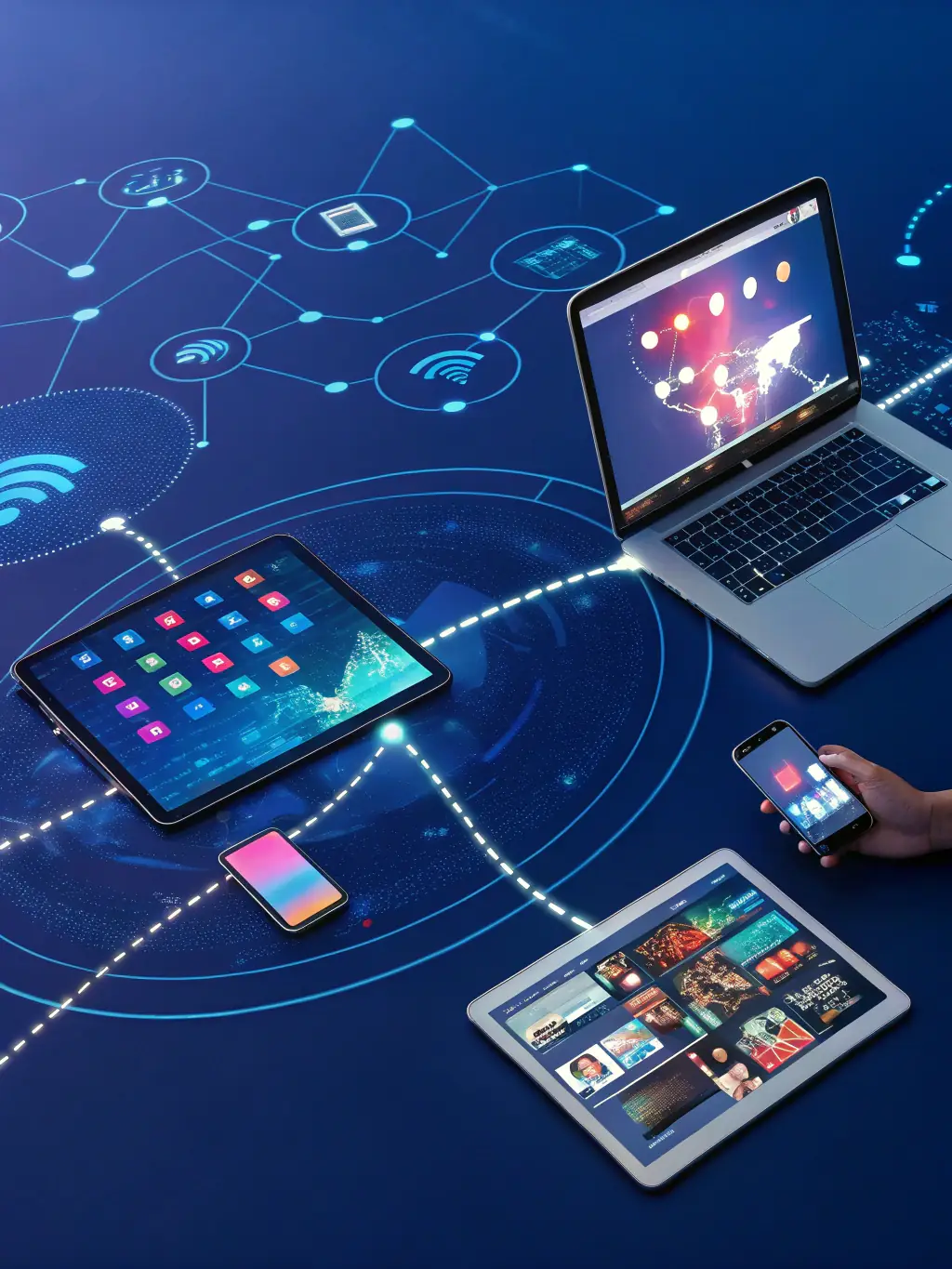 An image showing a network of interconnected devices and customer profiles, illustrating customer engagement systems for the electronics sector.